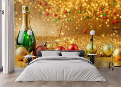 Champagne bottle on a gold surface with red and golden baubles. Christmas design Wall mural