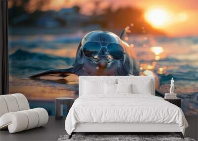 Dolphin in aviator sunglasses, chilling on a surfboard by the beach with a sunset backdrop Wall mural