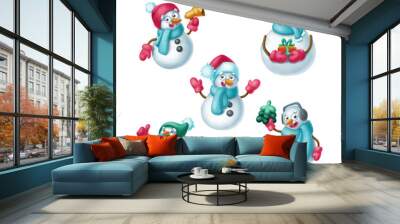 Set of cheerful snowmen cute characters, clipart Merry Cristmas. New Year cartoon collection, illustration isolated on white Wall mural