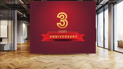 3rd years anniversary design with red ribbon and golden color isolated on red background, Design for anniversary celebration. Wall mural