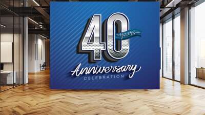 40th years anniversary celebration logotype with silver color and blue ribbon isolated on blue background Wall mural