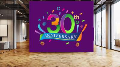 celebration 30th anniversary background with colorful ribbon and confetti. Poster or brochure template. Vector illustration. Wall mural