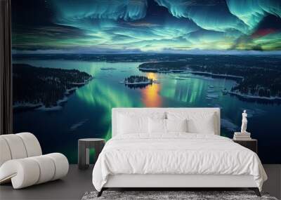 amazing aerial aurora borealis northern lights dancing swirls over lake yellowknife canada generative AI Wall mural