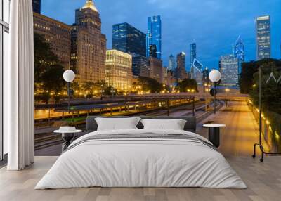 evening twilight exterior skyline shot of downtown chicago at night with building cityscape illumina Wall mural