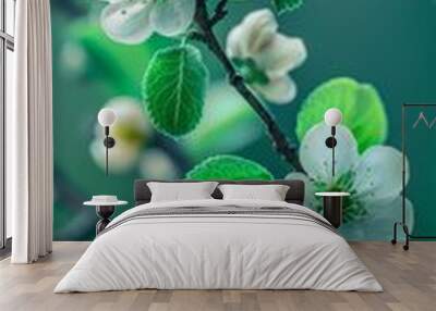 Branch With White Flowers and Green Leaves Wall mural