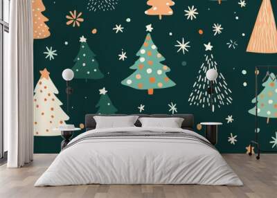 Charming Christmas tree doodle pattern with festive decorations Wall mural