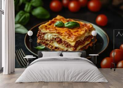 Delicious homemade lasagna with basil and cherry tomatoes Wall mural