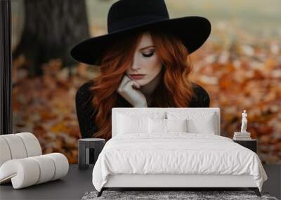 Fall casual fashion studio photoshoot with a model in a hat Wall mural