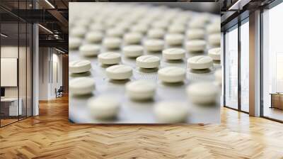 Rows of beige tablets on a conveyor belt in a pharmaceutical facility Wall mural