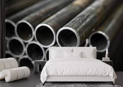 Stack of steel pipes in industrial setting Wall mural