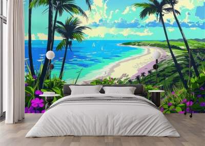 Tropical Beach Scene With Palm Trees and Purple Flowers Wall mural