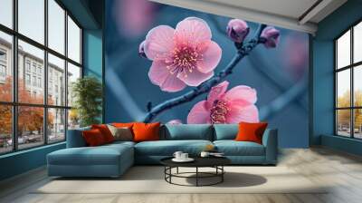 Two Pink Flowers Blossoming on Tree Branch Wall mural