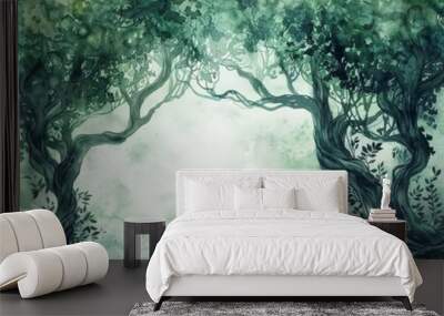 Two trees with green leaves in forest border frame Wall mural