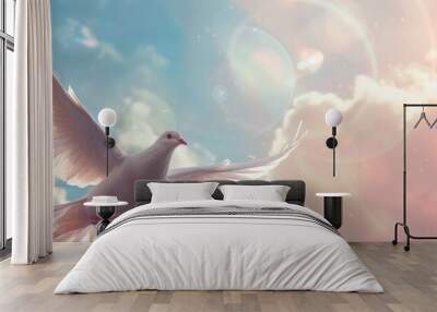 White Bird Flying in Cloudy Blue Sky Wall mural