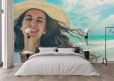 Young woman smiling joyfully at the beach on a sunny day Wall mural