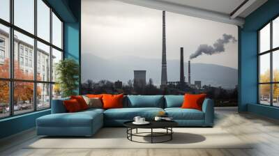 View from afar the city and a factory chimney with lots of smoke and smog. Europe, landscape Slovakia, Novaky. Chemical factory. Abstract. Global warming of the earth. Wall mural