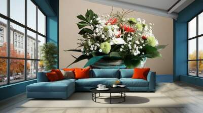 Flowers arrangement on blue table Wall mural