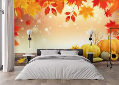 Autumn seasonal background with red falling leaves and fall decorations on wooden plank Wall mural