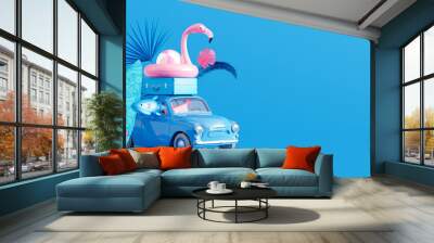 Blue car with luggage and beach accessories on blue background. Summer travel concept 3D Render 3D illustration Wall mural