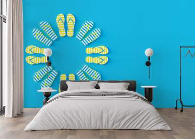 Colorful flip-flops on blue background, Summer holiday concept 3d render 3d illustration Wall mural