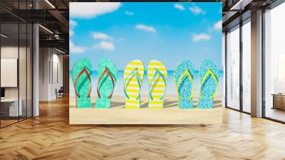 Colorful flip-flops on sand beach, Summer holiday concept 3d render 3d illustration Wall mural