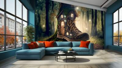 fairy cottage in a shoe next to the tree in fantasy forest landscape illustration Wall mural