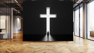 God is our only salvation. Man getting out of dark room trough Christian cross. Religion concept 3D render 3D illustration Wall mural