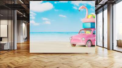 Pink car with luggage and beach accessories ready for summer vacation. Creative travel concept idea with copy space 3D Render 3D illustration Wall mural