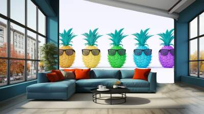 Rainbow colors Pineapples with sunglasses. Summer holiday concept isolated on white background 3d render 3d illustration Wall mural