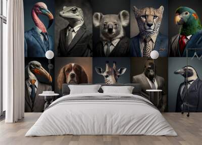 Set of portraits with animals in a business suits at the studio Wall mural