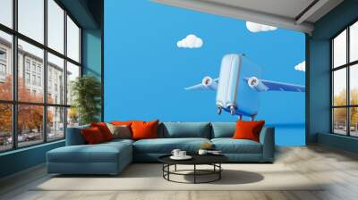 Summer suitcase with wings will take off. Creative minimal travel concept idea on blue background 3D Render 3D illustration Wall mural