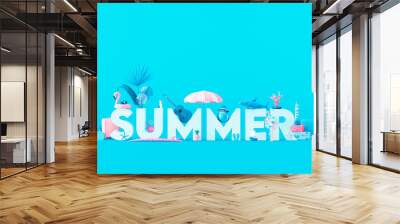 Summer text with luggage and beach accessories on pastel blue background. Creative minimal summer concept idea with copy space 3D Render 3D illustration Wall mural