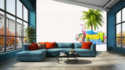 Summer vacation concept with palm tree and travel accessories on white background 3D Render 3D illustration Wall mural