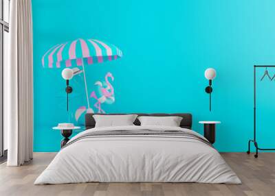 Two Flamingos and beach accessories on blue background. Summer vacation concept. 3D Render 3D illustration Wall mural