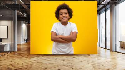 African American boy with black power hair on yellow background. Smiling black kid with a black power hair. Black boy with a black power hair. African descent. Wall mural