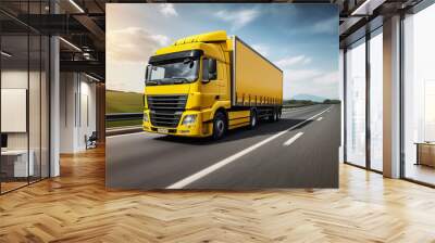 A yellow truck on the road. Blurred background. Generative AI. Wall mural