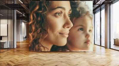 Close-up portrait of face of adorable curly-haired mother and daughter in profile. Generative AI. Wall mural