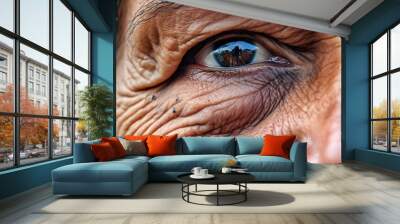 Closeup on an elderly person's eye. Reflection of the landscape in the human eye. Generative AI. Wall mural