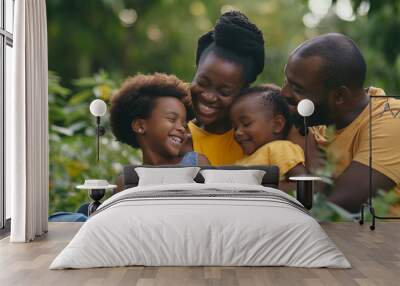 Happy black family sitting on the floor having fun outdoors at the park. Generative AI. Wall mural