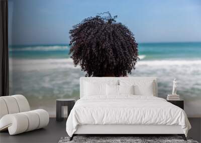 Black afro young cute girl, curly hair, bikini, beach. Afro American summer vacation holiday. Wall mural