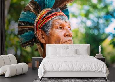 Indian from the Pataxó tribe, with feather headdress. Elderly Brazilian Indian looking to the right. focus on face Wall mural