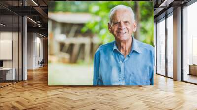 Portrait of smiling beautiful older male farmer. Elderly man at farm in summer day. Gardening activity. Brazilian elderly man. Wall mural