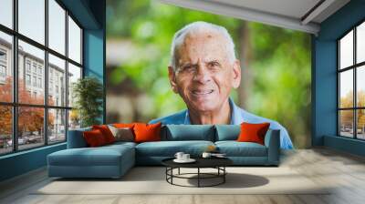 Portrait of smiling beautiful older male farmer. Elderly man at farm in summer day. Gardening activity. Brazilian elderly man. Wall mural