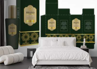 Label on packaging container with green and gold luxury box design template and mockup box. Illustration vector Wall mural