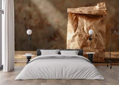 A brown paper bag on a wooden table with sunlight Wall mural