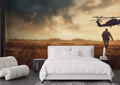 A special forces soldier walks across the battlefield with a helicopter in the background. Generative AI Wall mural