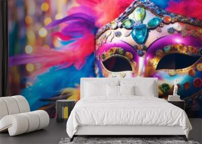 Colorful mask decorated with feathers and sparkles. Carnival mask banner with place for text Wall mural