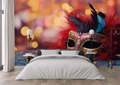 Colorful mask decorated with feathers and sparkles. Carnival mask banner with place for text Wall mural