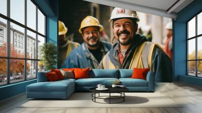 Construction workers radiate joy during hard work Wall mural