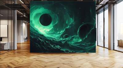 Green nebula with dark planets and stars Wall mural